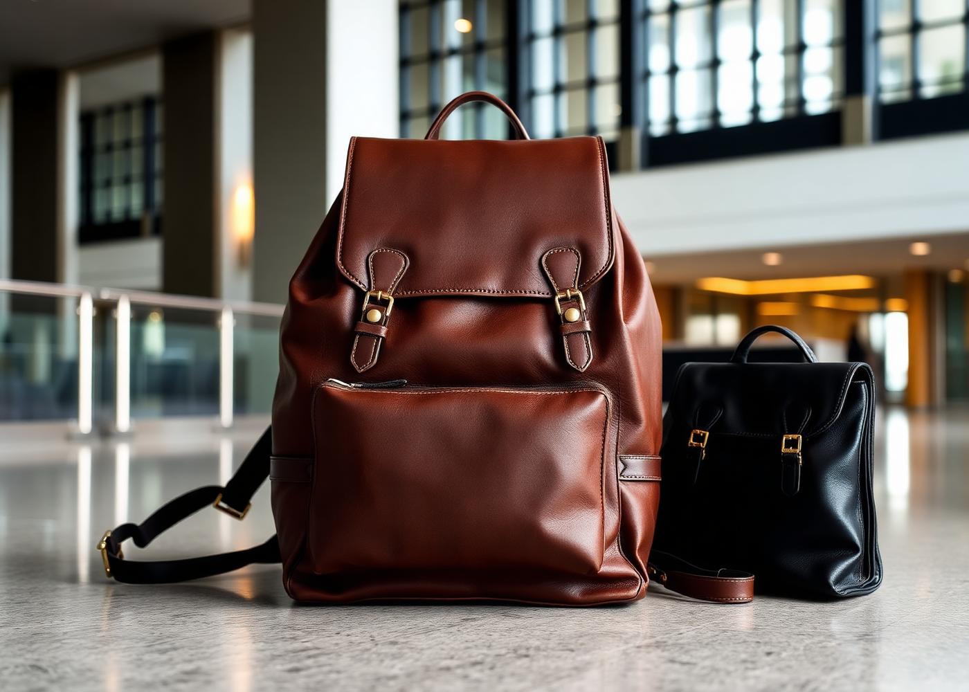 Full-grain leather backpack with brass hardware manufactured by Vermont
