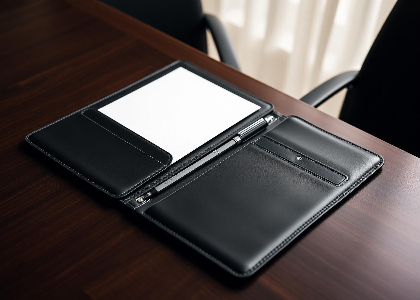 Open leather padfolio with pen loop and card slots on a conference table
