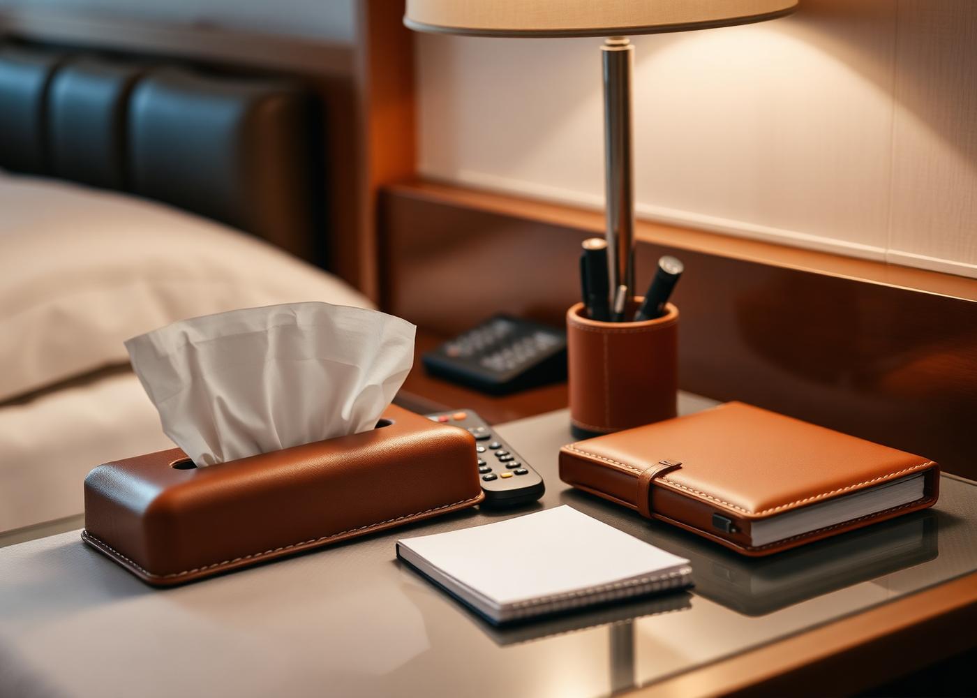 Matching leather tissue box holder, remote holder and notebook cover on a hotel bedside surface