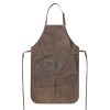 Leather Apron flat image showing the neck strap and tie around strap. APron in a distressed brown leather